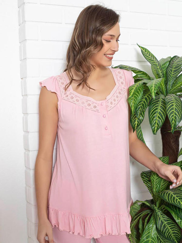 Limissi Lohusa V Yaka Fırfırlı  Pijama Takımı - Pembe