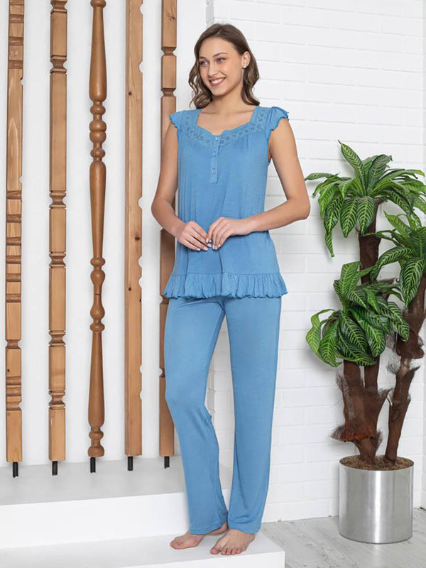 Limissi Lohusa V Yaka Fırfırlı  Pijama Takımı - Mavi
