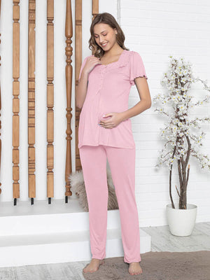 Limissi Loh.  Kare Yaka Aplikeli  Pijama Takımı - Pembe