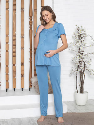 Limissi Loh.  Kare Yaka Aplikeli  Pijama Takımı - Mavi