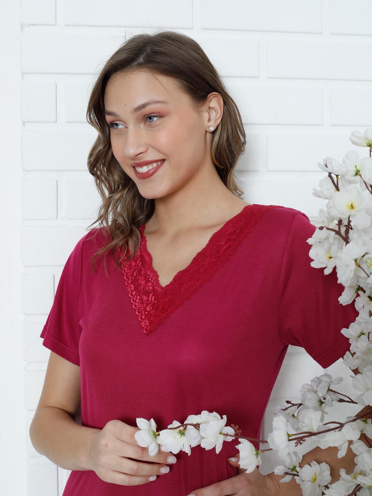 Limissi Dantelli V Yaka Gecelik  Pijama Takımı - Kırmızı