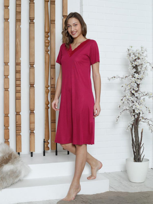 Limissi Dantelli V Yaka Gecelik  Pijama Takımı - Kırmızı