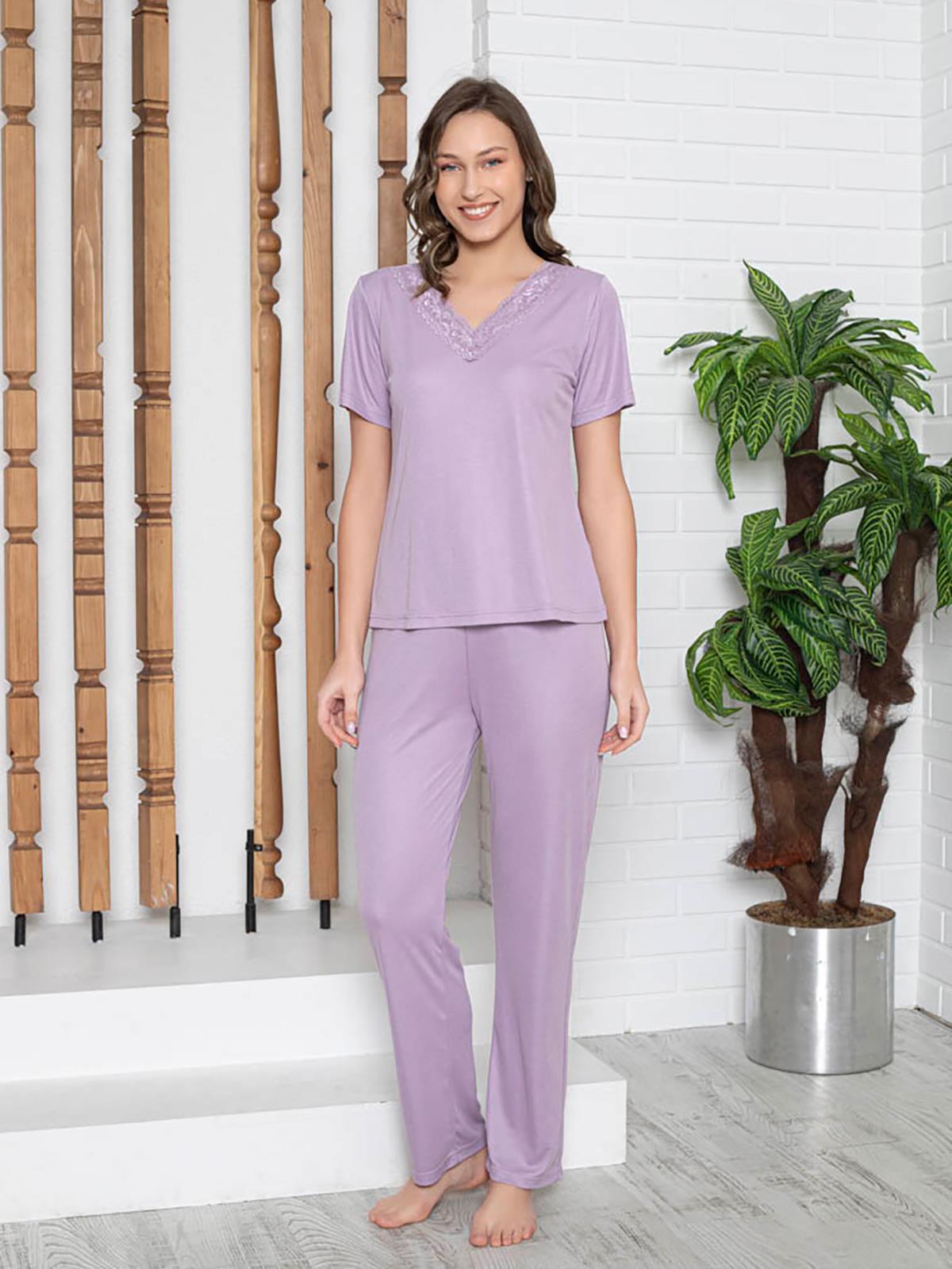 Limissi Dantelli V Yaka  Pijama Takımı - Lila