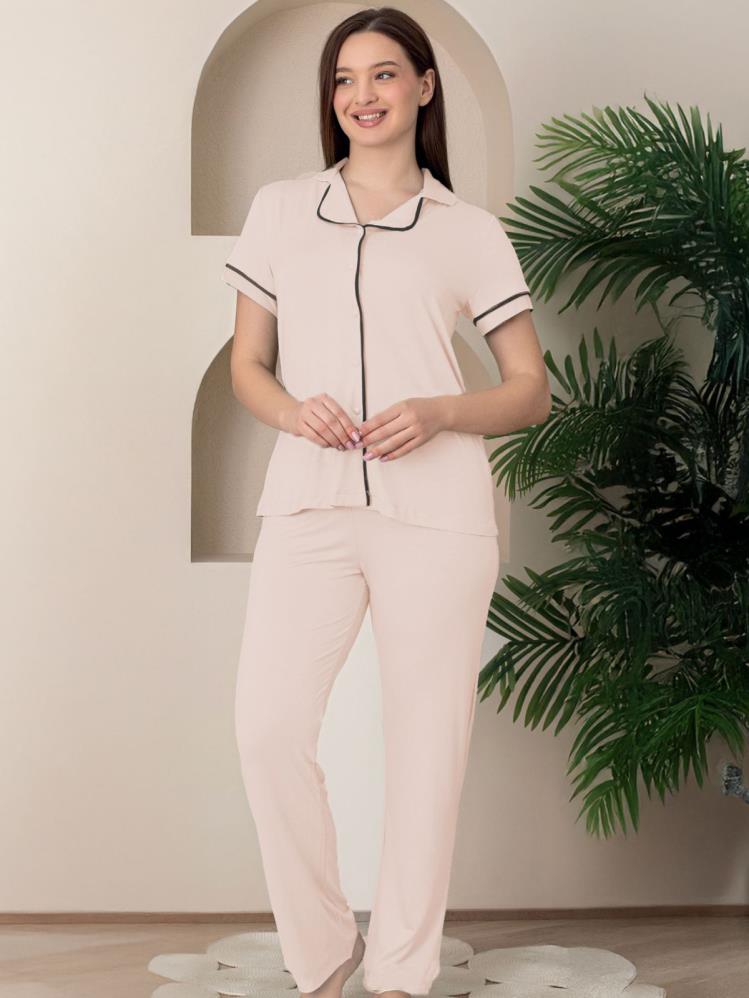 Limissi Biyeli Önden Düğmeli M-XXL Yetişkin Pijama Takımı - Bej