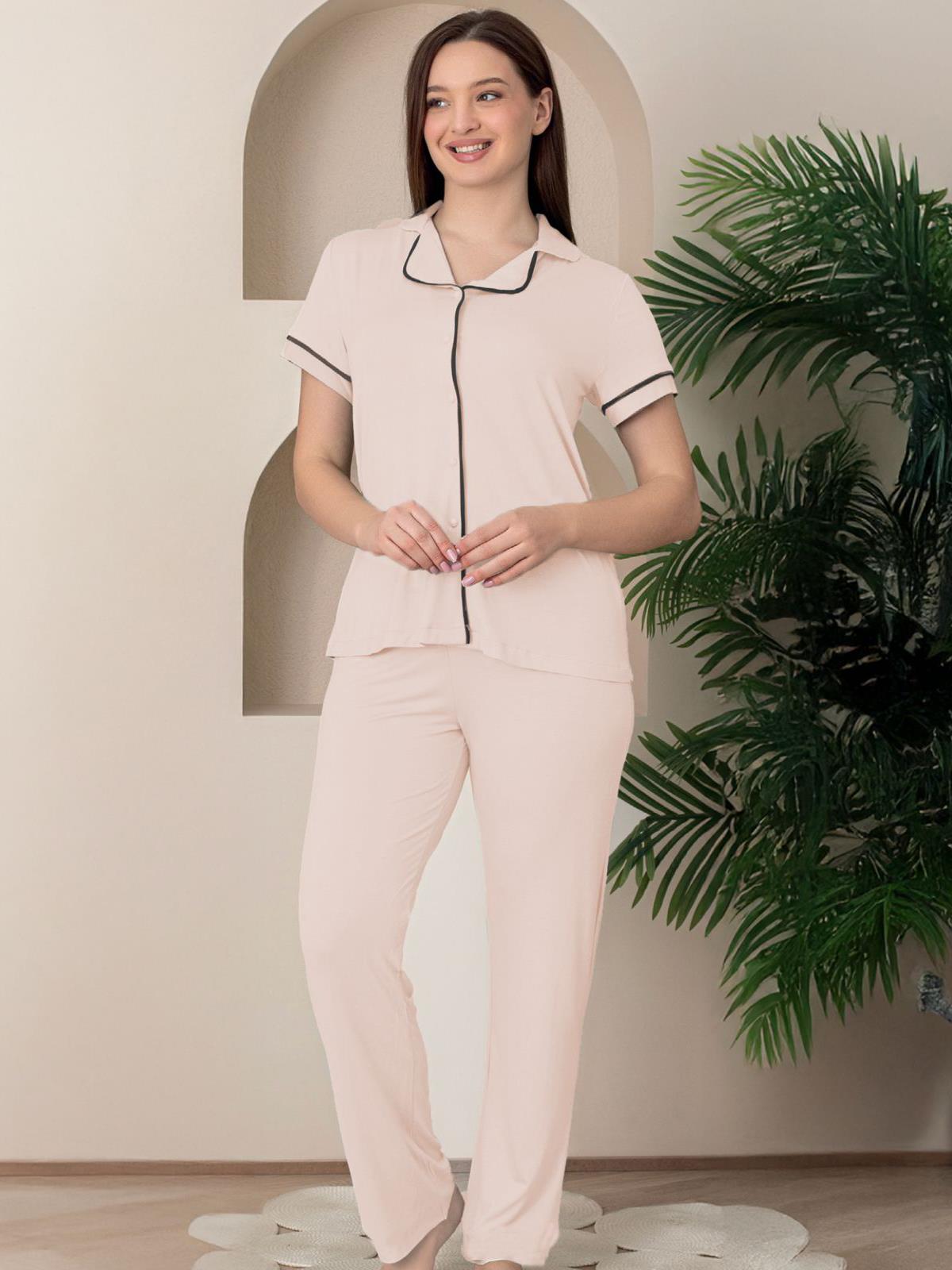 Limissi Biyeli Önden Düğmeli M-XXL Yetişkin Pijama Takımı - Bej