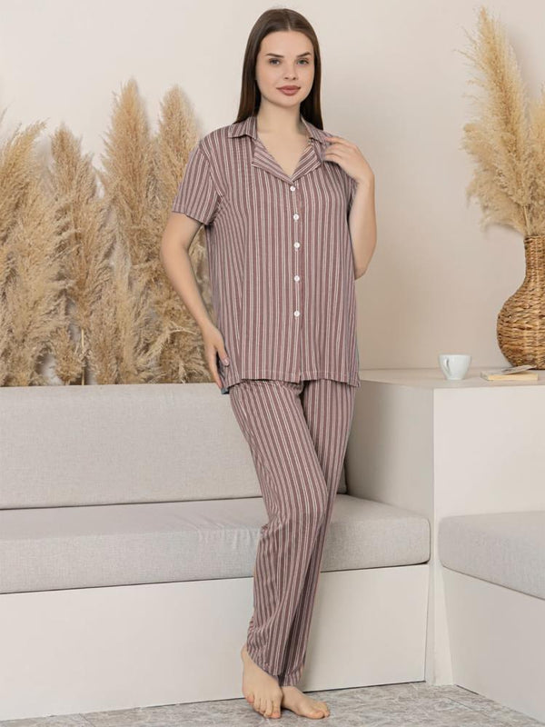 Limissi Çizgili Önden Düğmeli M-XXL Yetişkin Pijama Takımı - Kahverengi
