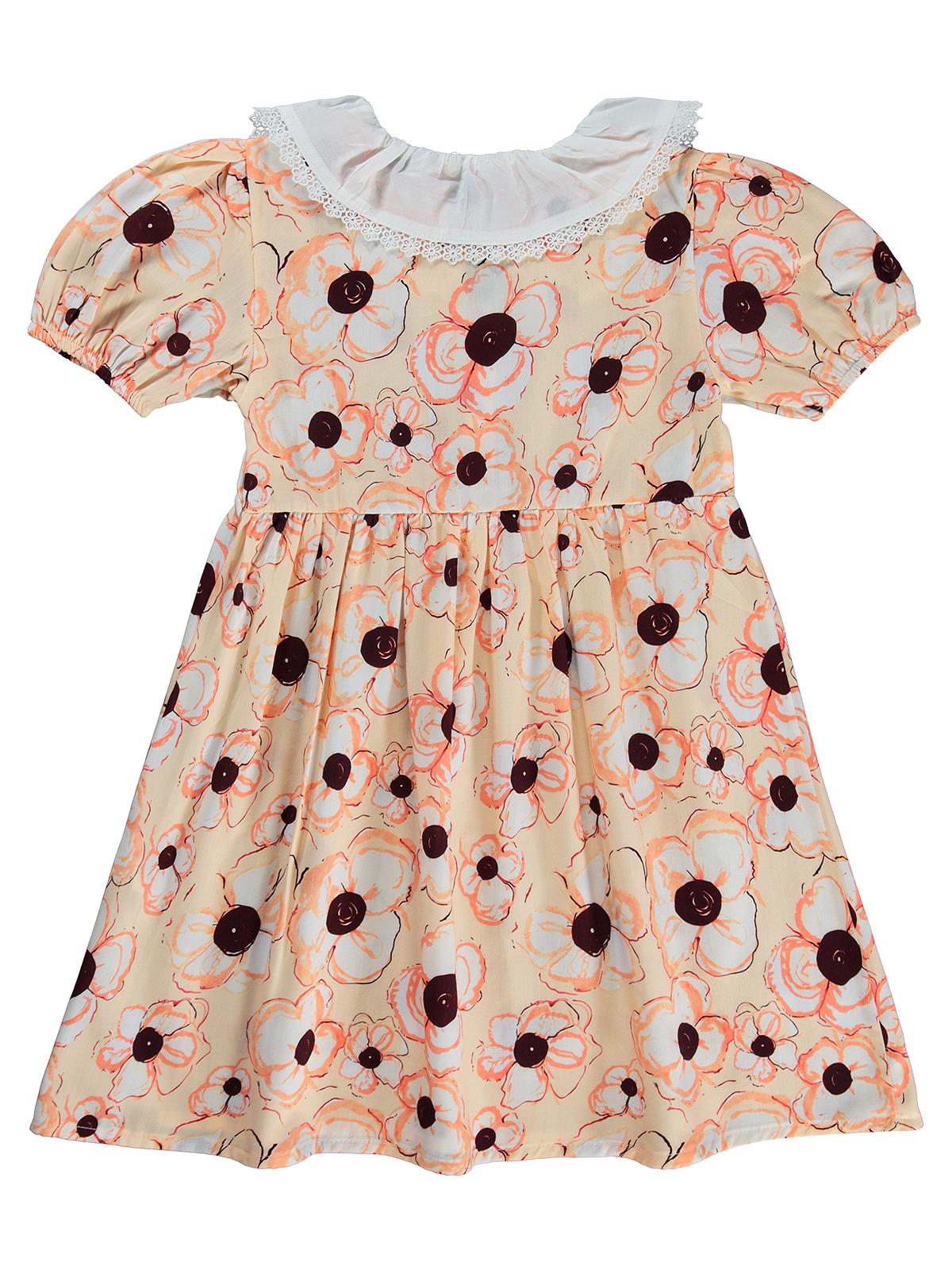 Zeyneva Timo Beyaz Yakalı Çiçekli Elbise 6-9 Yaş - Turuncu