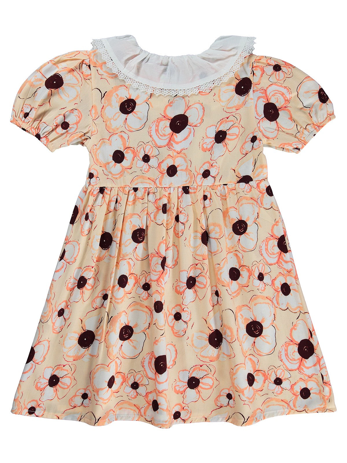 Zeyneva Timo Beyaz Yakalı Çiçekli Elbise 6-9 Yaş - Turuncu