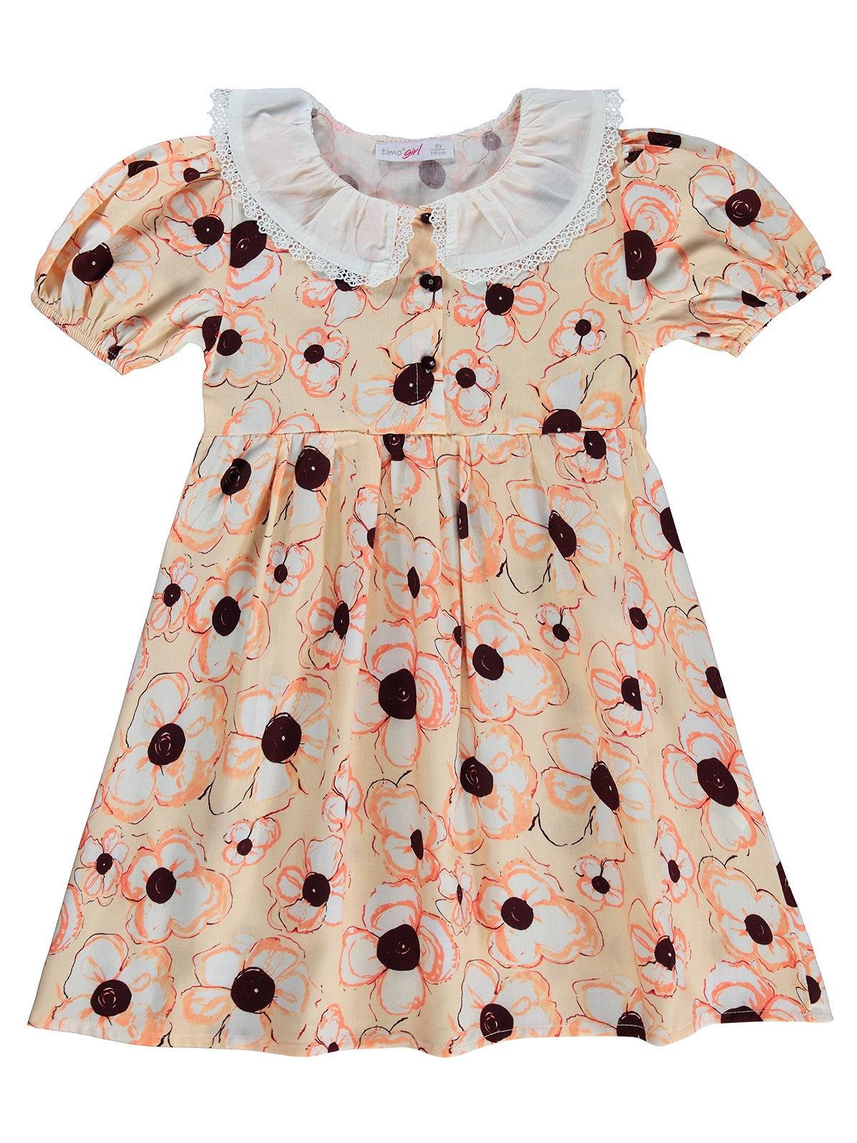 Zeyneva Timo Beyaz Yakalı Çiçekli Elbise 6-9 Yaş - Turuncu