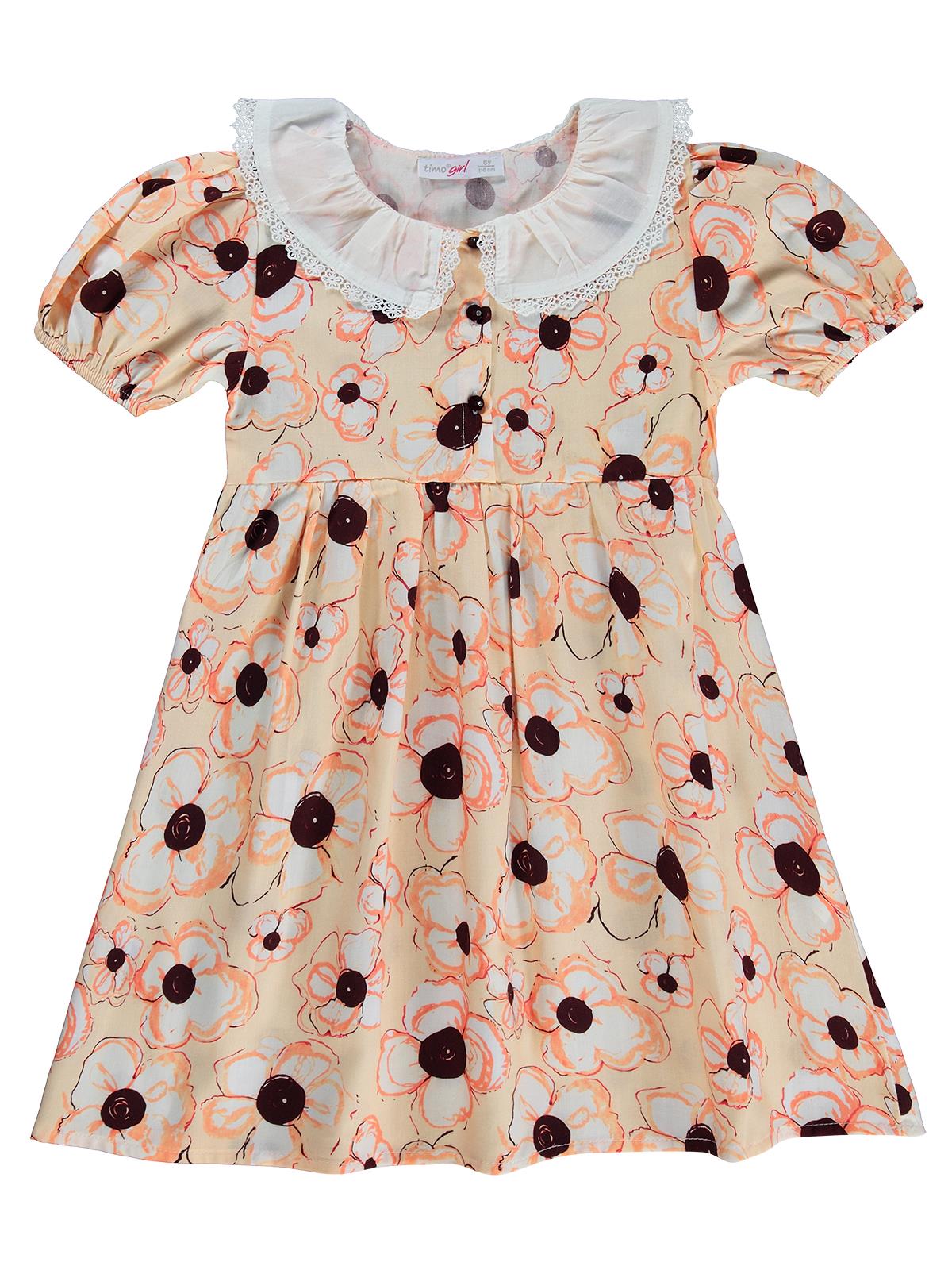 Zeyneva Timo Beyaz Yakalı Çiçekli Elbise 6-9 Yaş - Turuncu