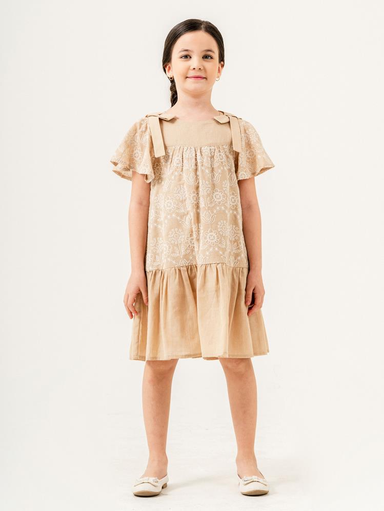 Cocoland Çiçek Desenli 2-5 Yaş Elbise - Bej