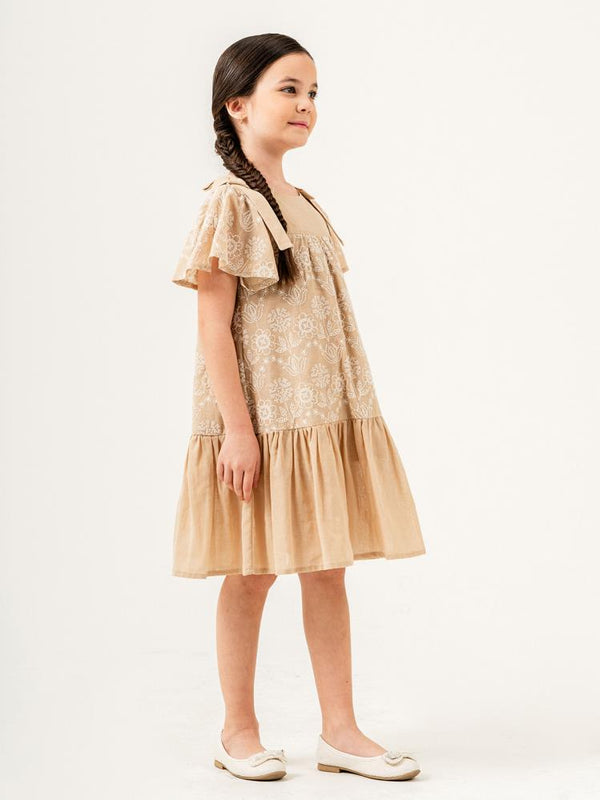 Cocoland Çiçek Desenli 2-5 Yaş Elbise - Bej