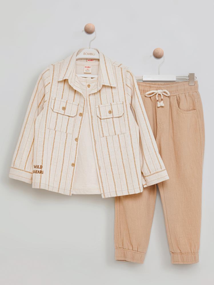 Bombili Wıld Safari Nakışlı Çizgili Gömlekli 3'lü 2-5 Yaş Takım - Kahverengi