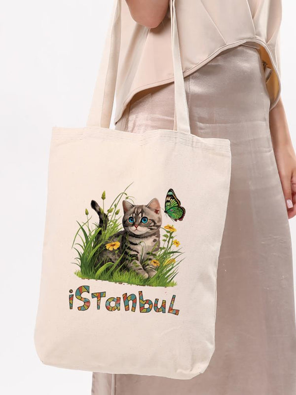 Bagg İstanbul Çiçekli Kedi Baskılı Bez Çanta