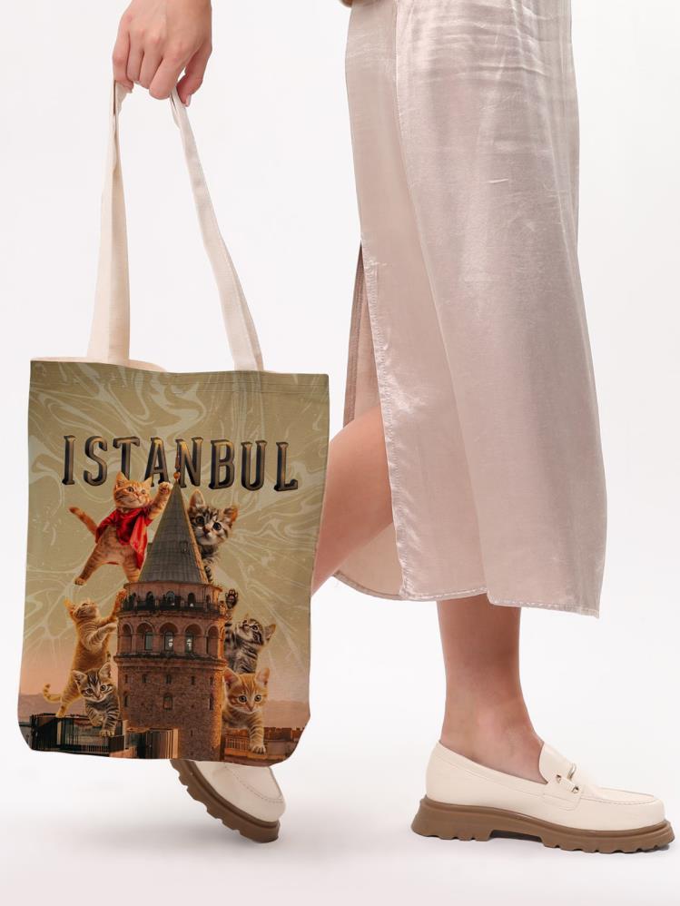 Bagg 3D İstanbul Kedili Baskılı Bez Çanta